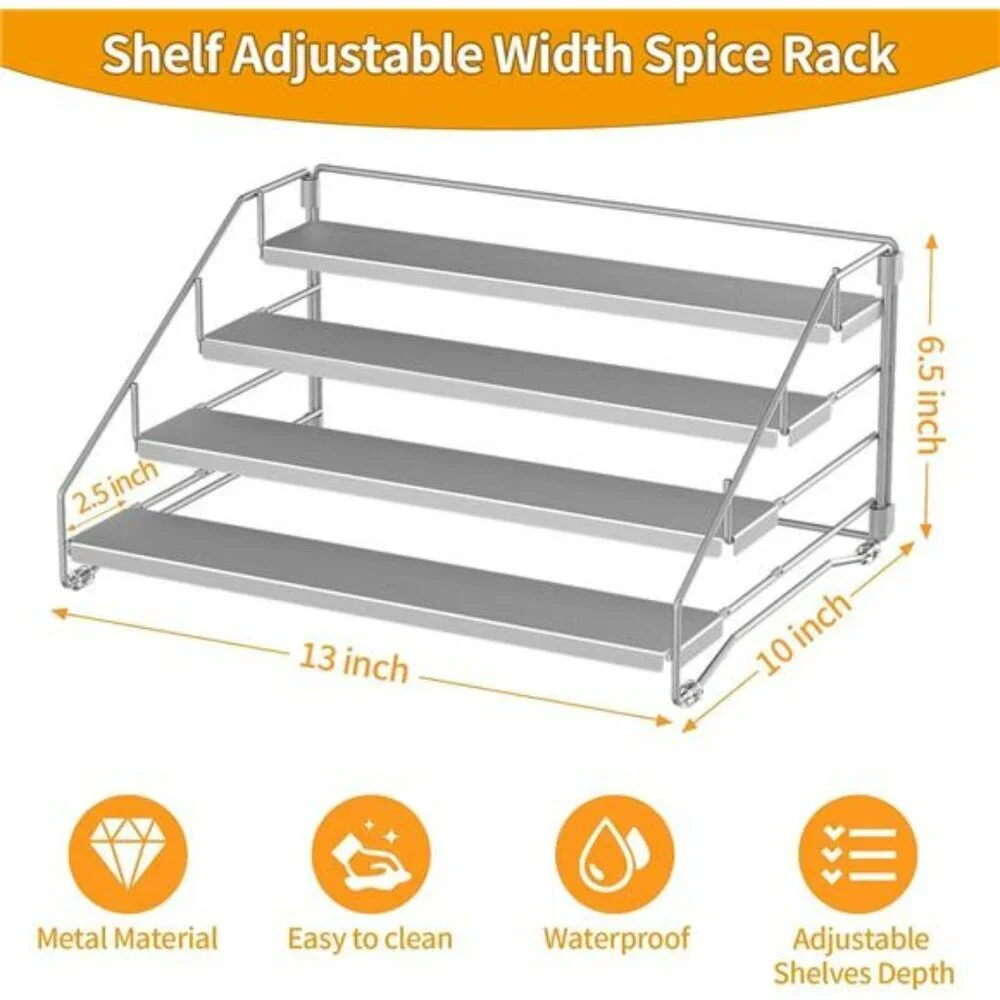 4 tier adjustable spice rack organizer metal cabinet pantry shelf seasoning hold